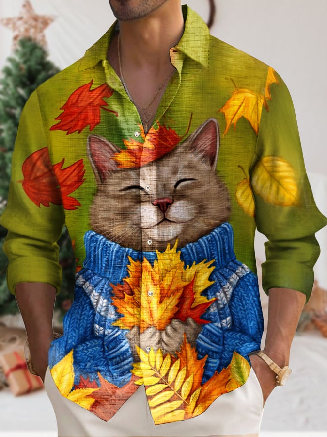 Men's Casual Cat Print Shirt
