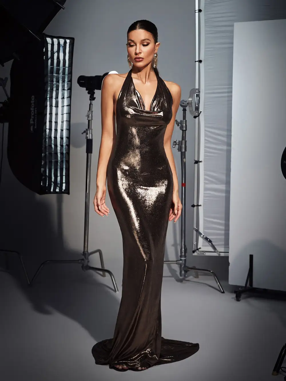 Rochelle Halterneck Backless Metallic Maxi Dress