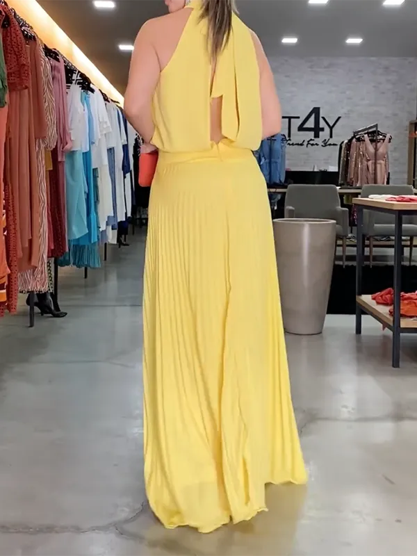 Pleated Solid Color Loose Sleeveless Round-Neck Maxi Dresses