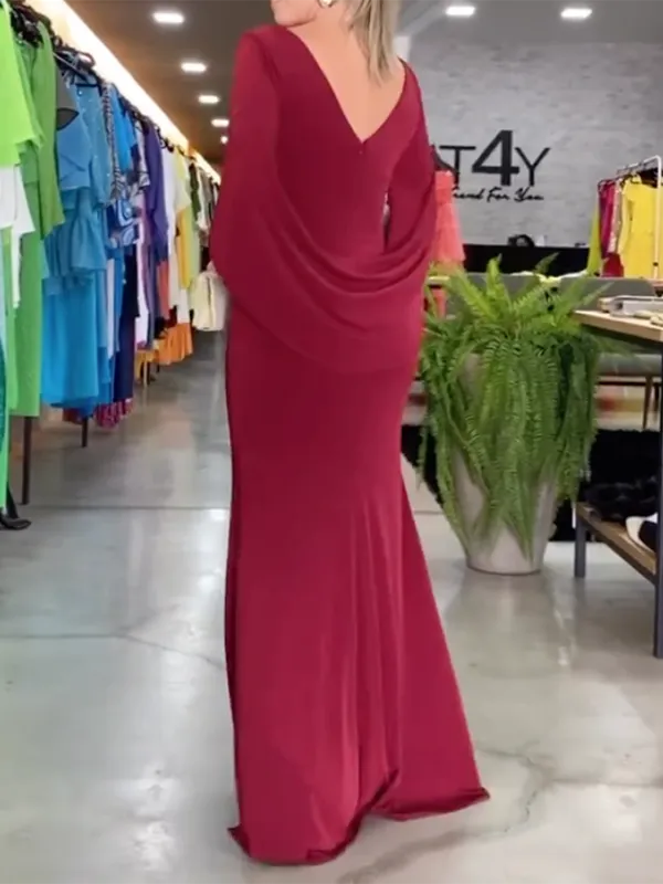 Solid Color Short Sleeves V-Neck Maxi Dresses