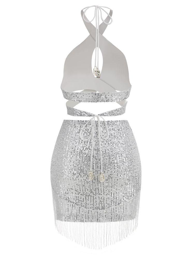 Altalune Halterneck Sequin Skirt Set In Silver
