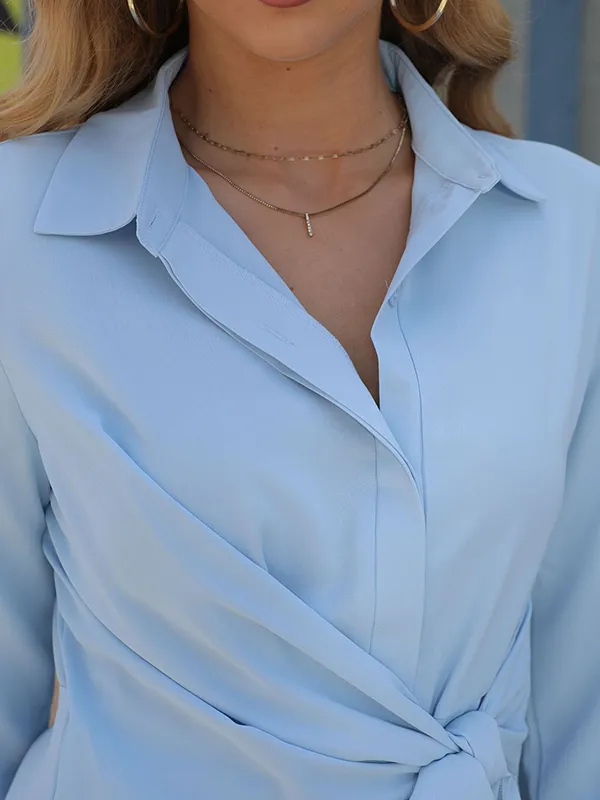 Simple Long Sleeves Buttoned Tied Solid Color Lapel Collar Blouses&Shirts Tops