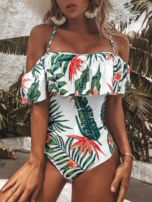 Tropical flower print ruffle one-piece swimsuit