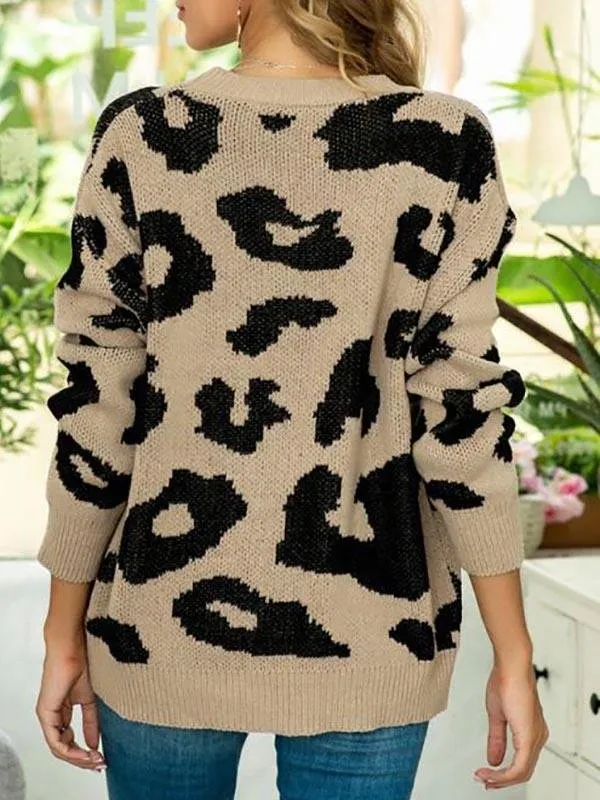 Leopard Drop Shoulder Loose Jumper Sweater