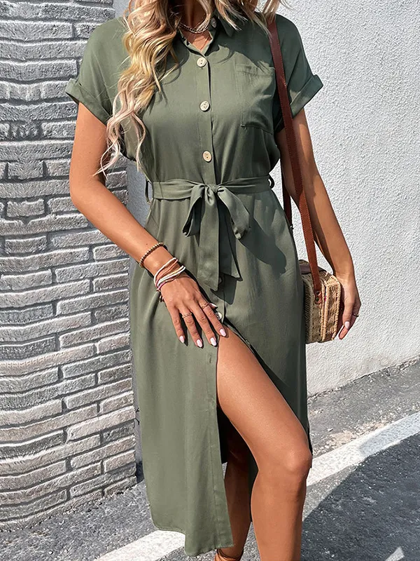 Ribbed Solid Color Loose Short Sleeves Lapel Midi Dresses