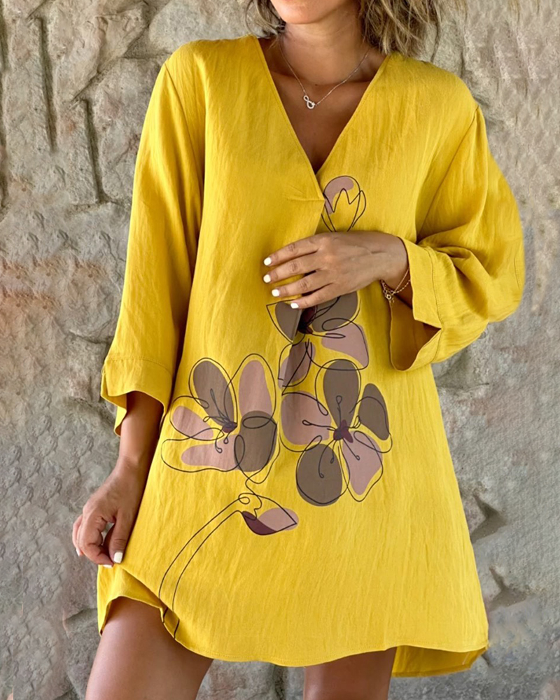 V-neck Cotton Linen Print Short-sleeved Dress
