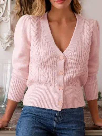 Women's Sweaters V-Neck Button Twist Long Sleeve Cardigan Sweater