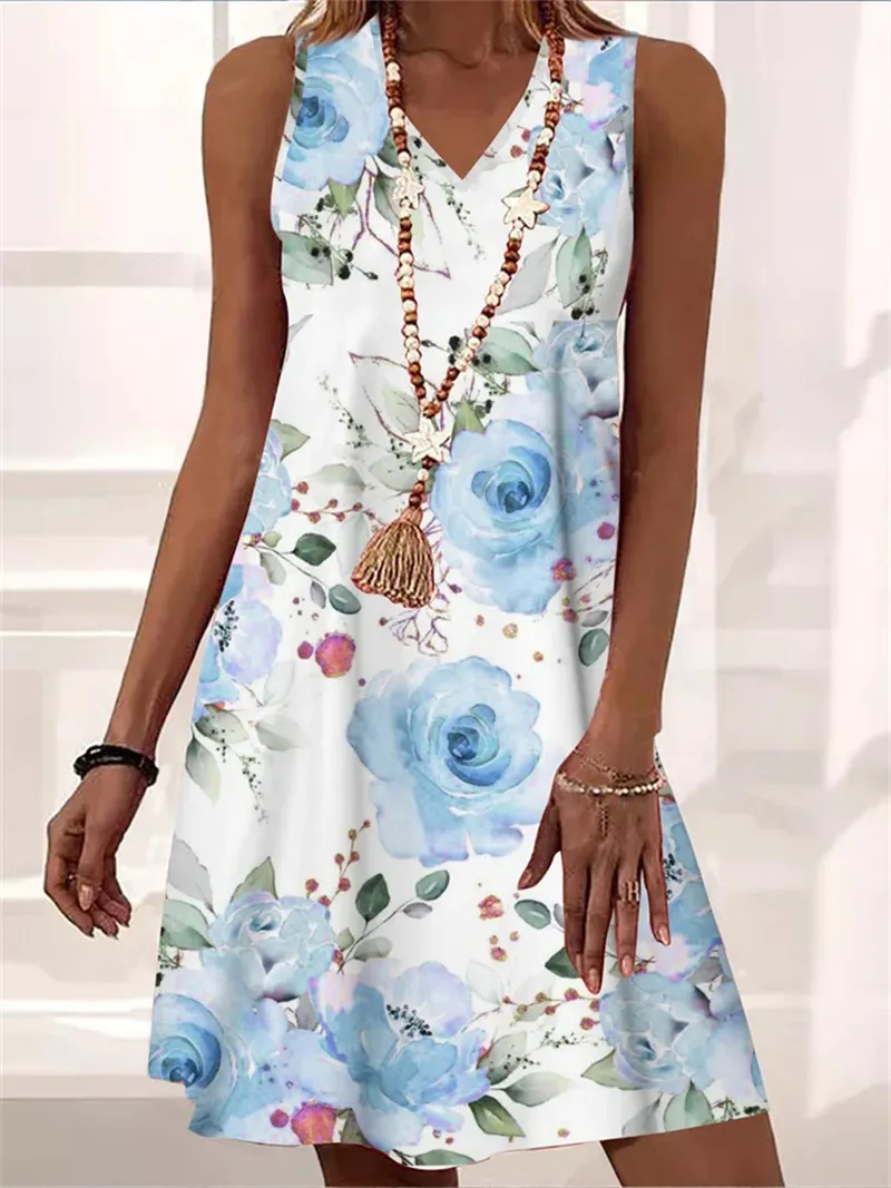 Summer Women vacation V neck  Floral print Dress