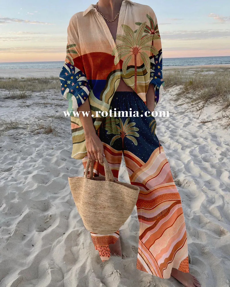 Sunset Palms Print Relaxed Two-Piece Set