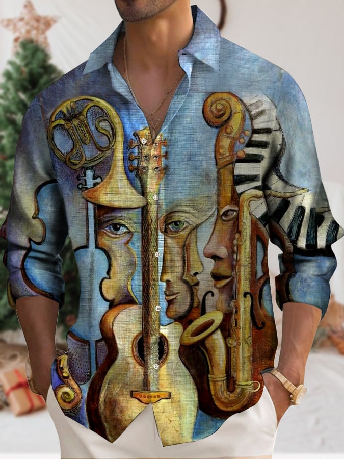 Men's Casual Musical Instrument Print Shirt