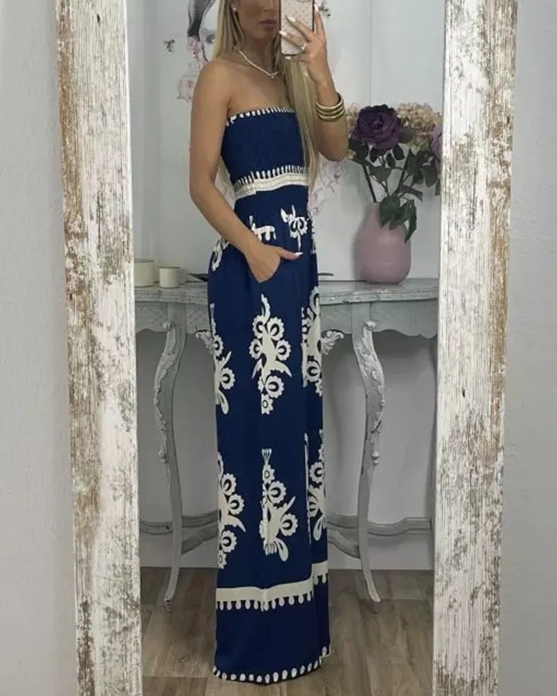 Summer sexy printed chest wrap jumpsuit