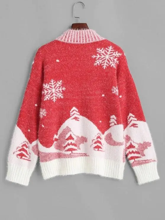 Mock Neck Christmas Snowflake Tree Fuzzy Sweater