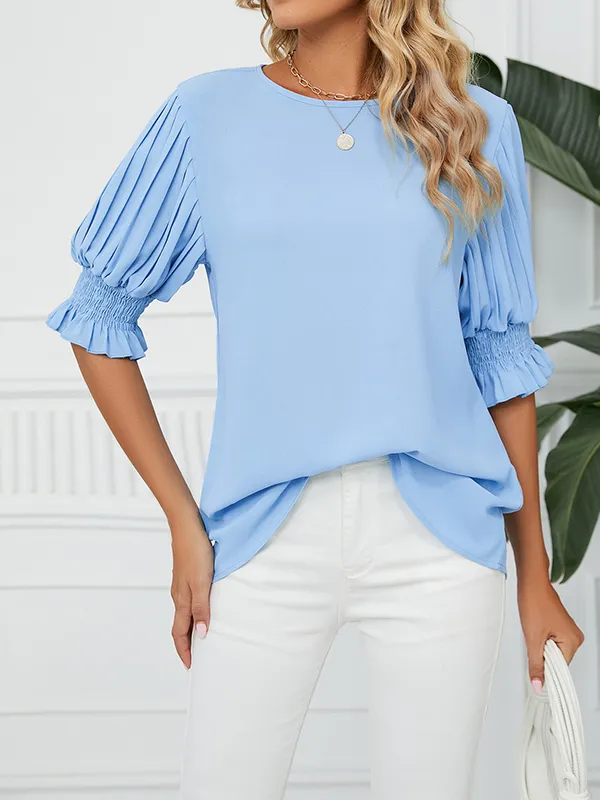 Pleated Solid Color Loose Puff Sleeves Round-Neck T-Shirts Tops