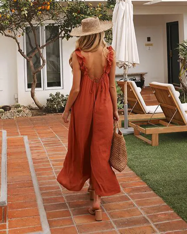 Women's Solid Ruffle Suspenders Casual Loose Jumpsuit