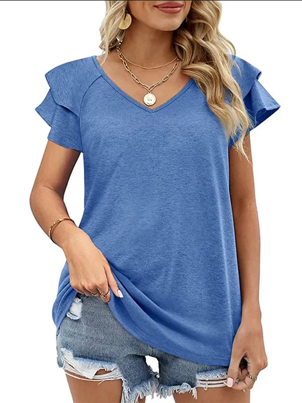 Casual Short Sleeves Falbala Solid Color V-Neck T-Shirts Tops