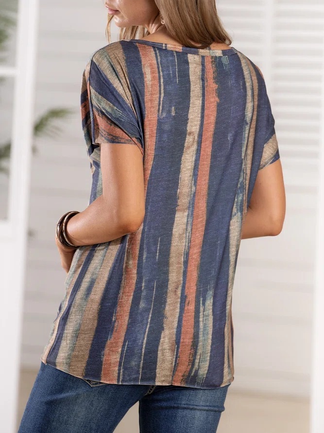 Women's V-Neck Colorful Striped Casual T-Shirt