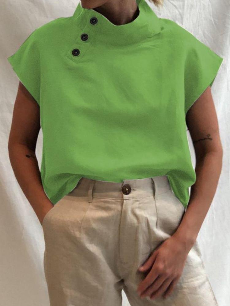 Sixteen Colors Short Sleeve Pullover Solid Color Open Button Top