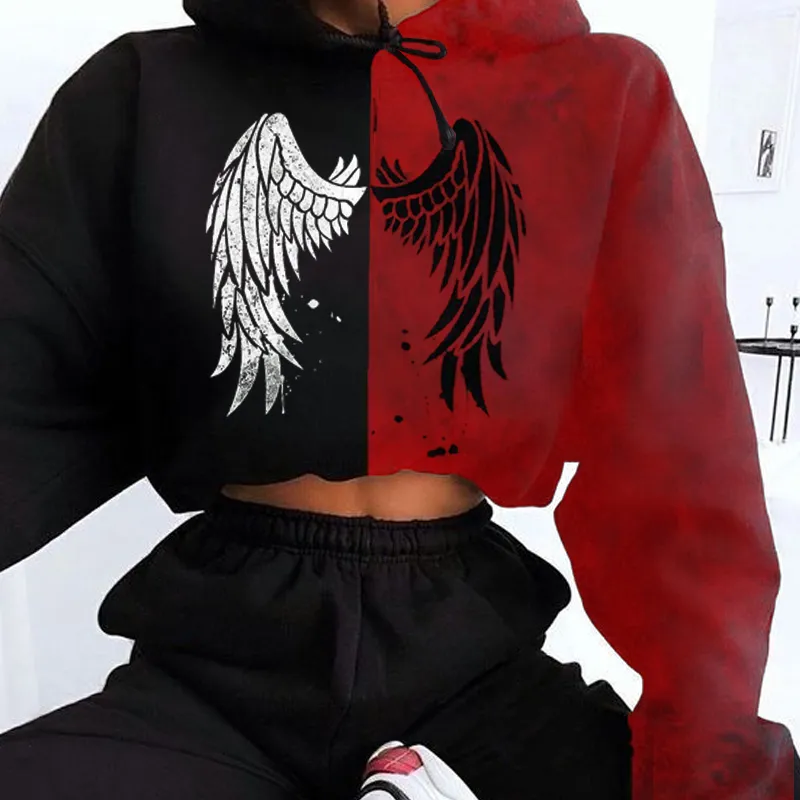 Sexy Angel Wings Printed Cropped Hoodie Suit Set