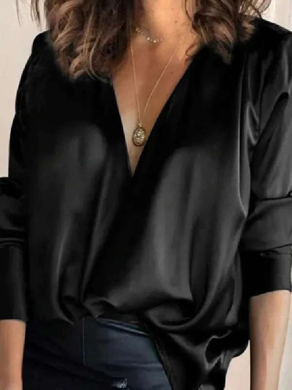 Solid Color V-Neck Long Sleeves Blouse Shirt Top