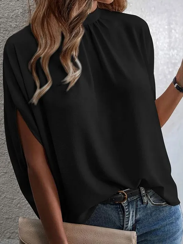 Lace-Up Pleated Solid Color Batwing Sleeves High-Low Stand Collar T-Shirts
