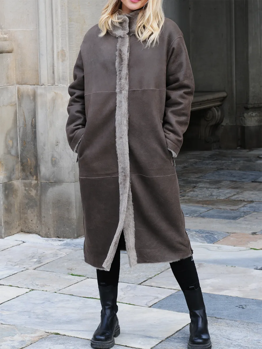 Wool leather double-sided patchwork design long coat