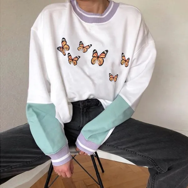 Casual Contrast Butterfly Print Sweatshirt