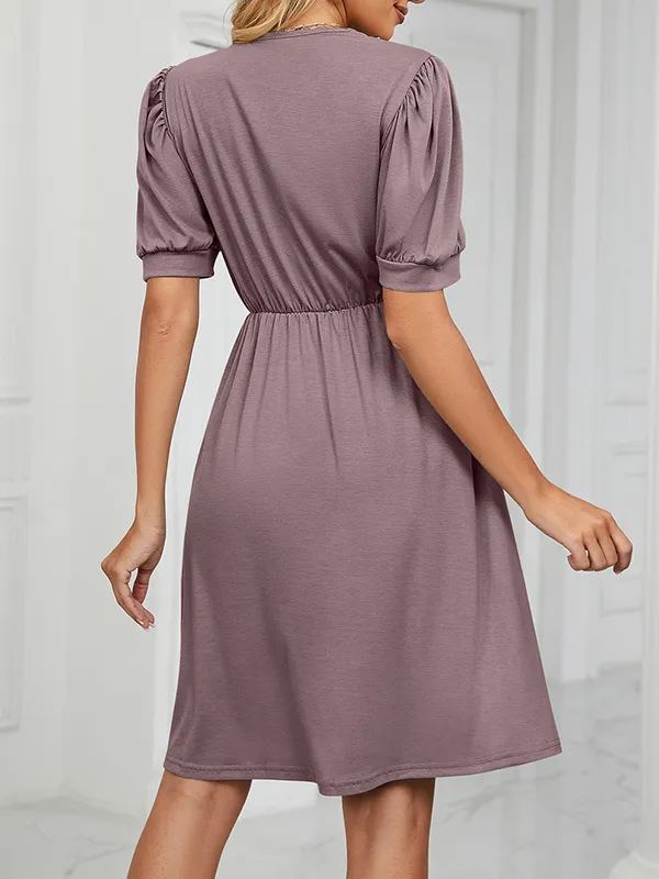 Applique Loose Short Sleeves V-Neck Midi Dresses