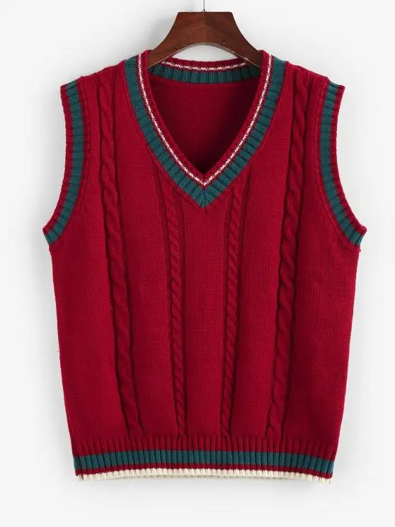 Cable Knit Colorblock V Neck Sweater Vest