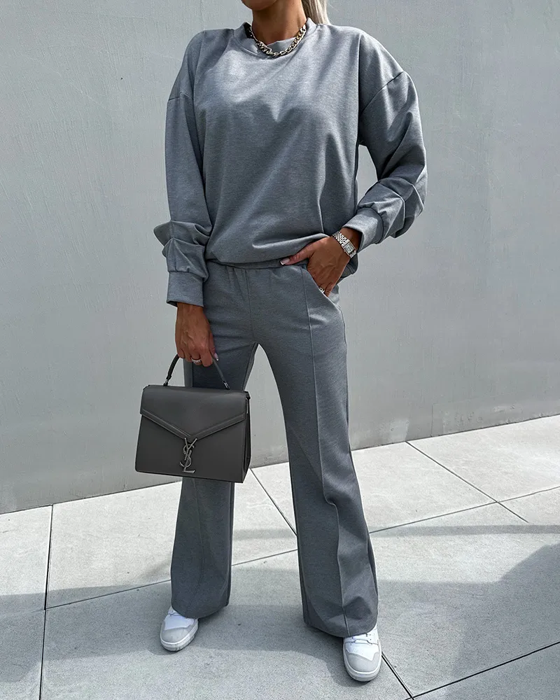Round Neck Long Sleeve Top Pants Two Piece Suit