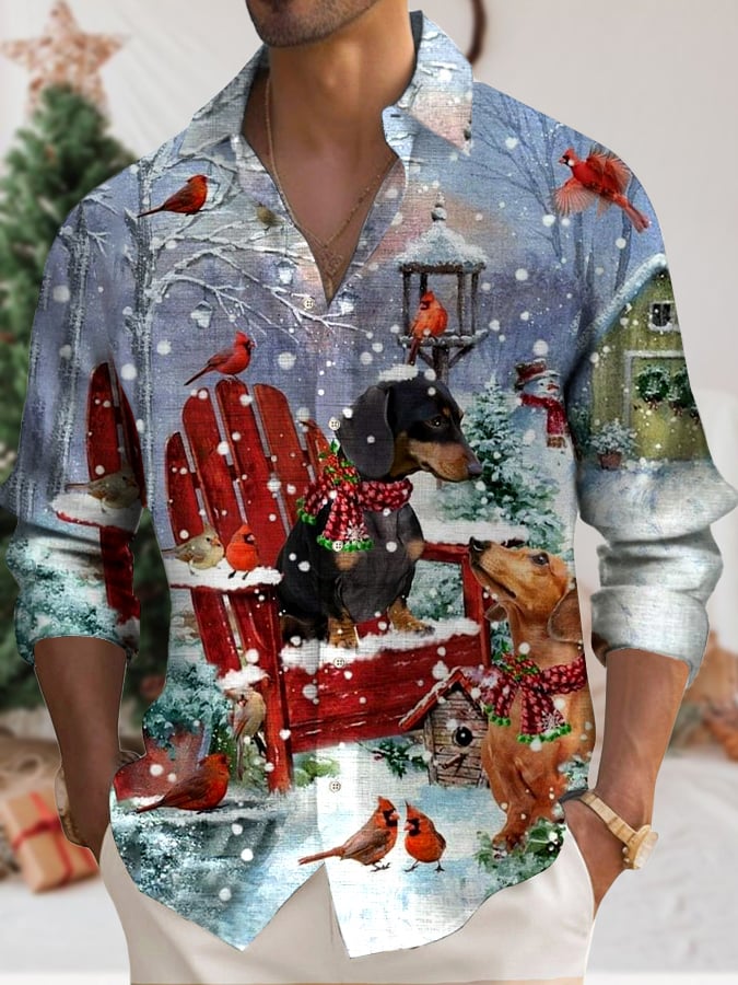 Men's Casual Christmas Dog Print Shirt