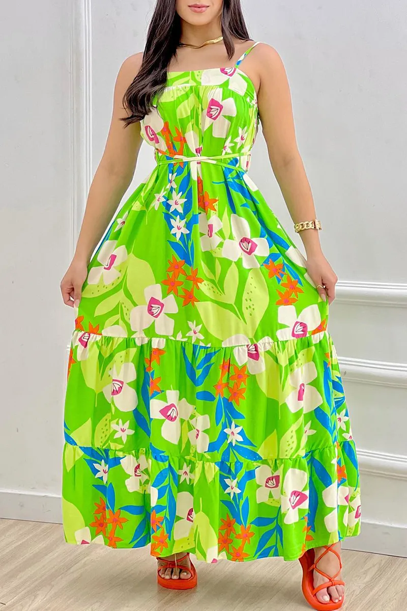 Floral Print Belted Ruffle Hem Cami Maxi Dress