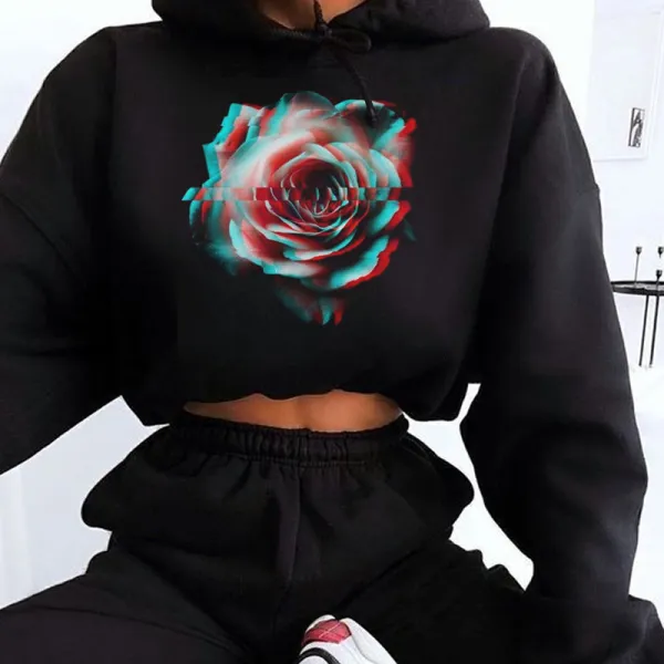 Sexy Babygirl And Rose Printed Cropped Hoodie Suit Set