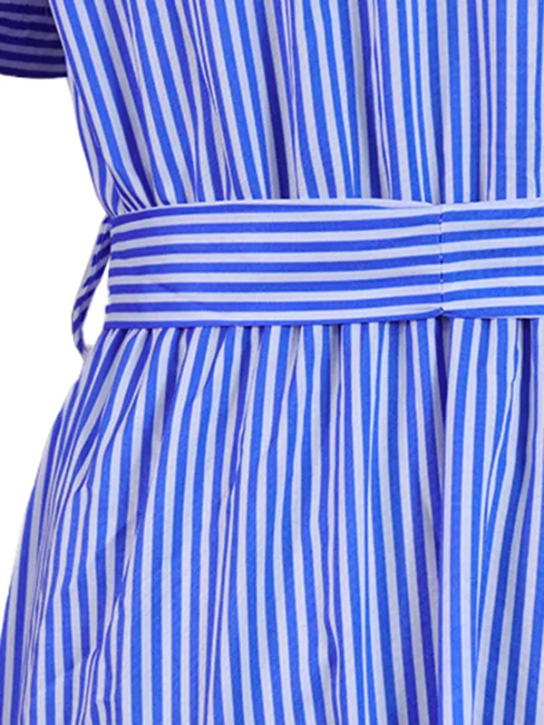 Striped Loose Short Sleeves Lapel Maxi Dresses