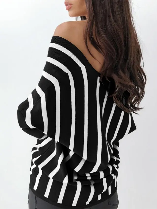 Women's Sweaters Off-The-Shoulder Striped V-Neck Long Sleeve Sweater