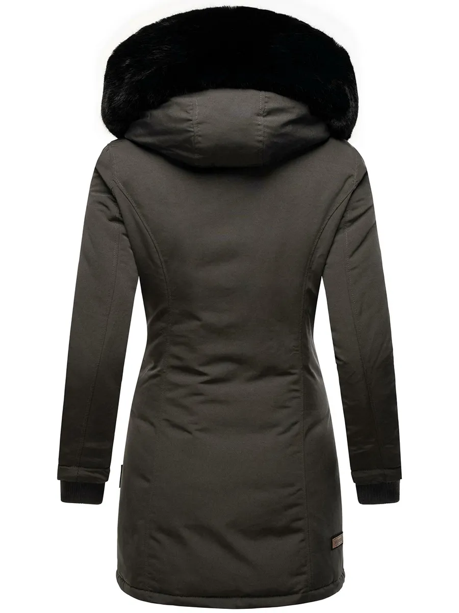 Spliced black fur collar winter mid length jacket