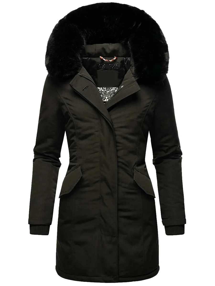 Spliced black fur collar winter mid length jacket