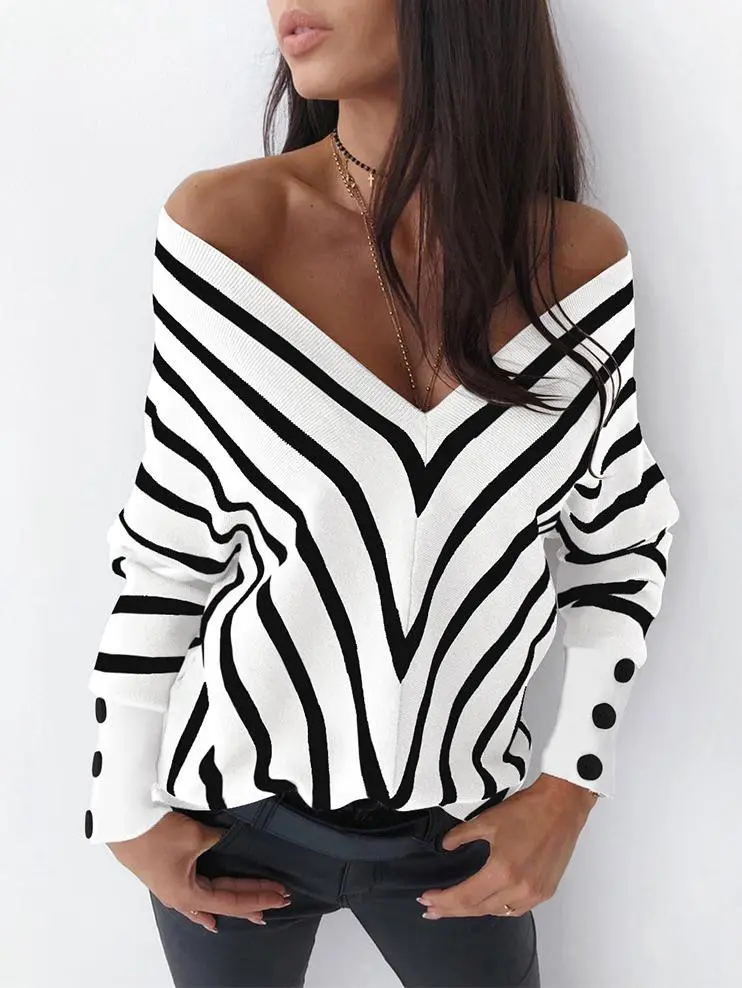 Women's Sweaters Off-The-Shoulder Striped V-Neck Long Sleeve Sweater