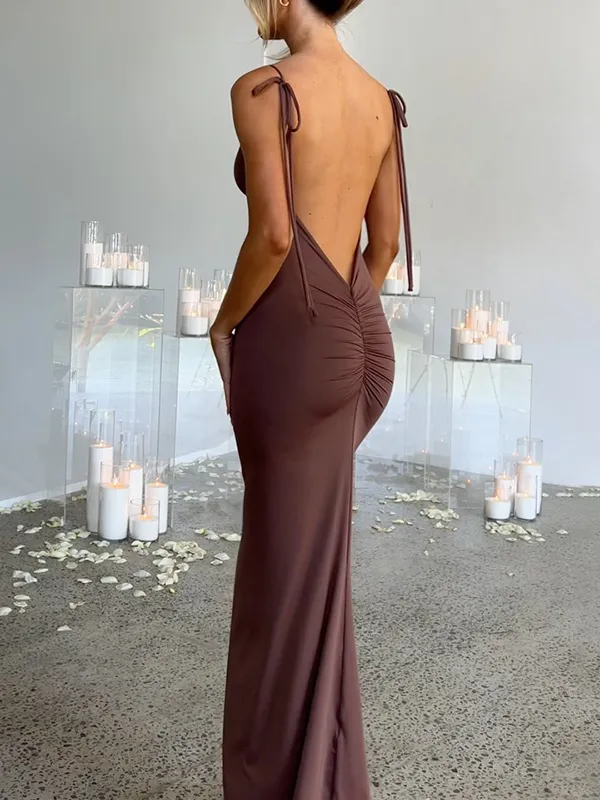 Backless Solid Color Sleeveless Wrap Spaghetti-Neck Maxi Dresses