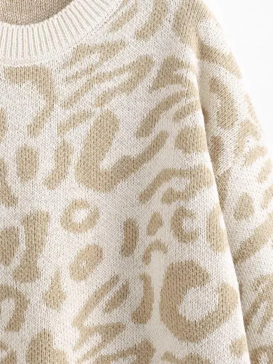 Drop Shoulder Crew Neck Leopard Sweater