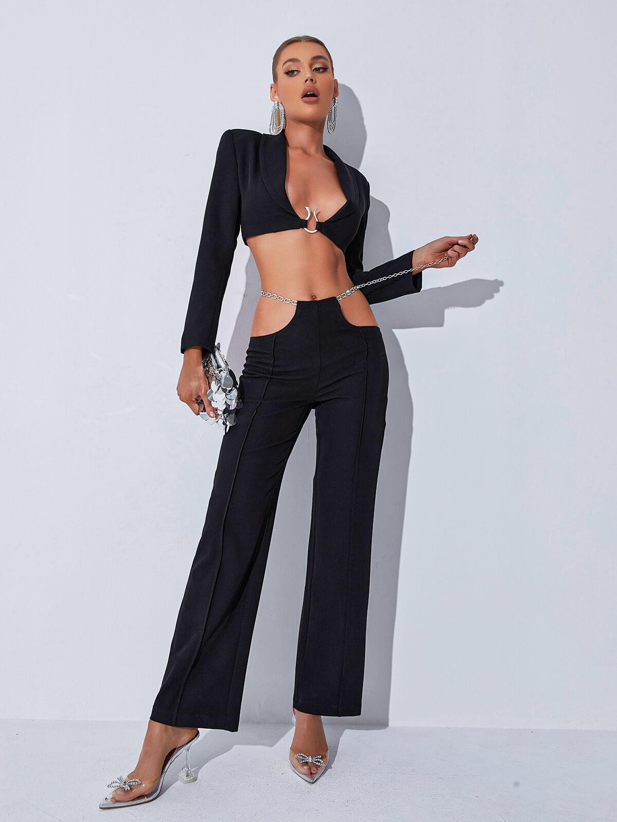 Gwyneth Plunge Chain Cutout Blazer Set In Black