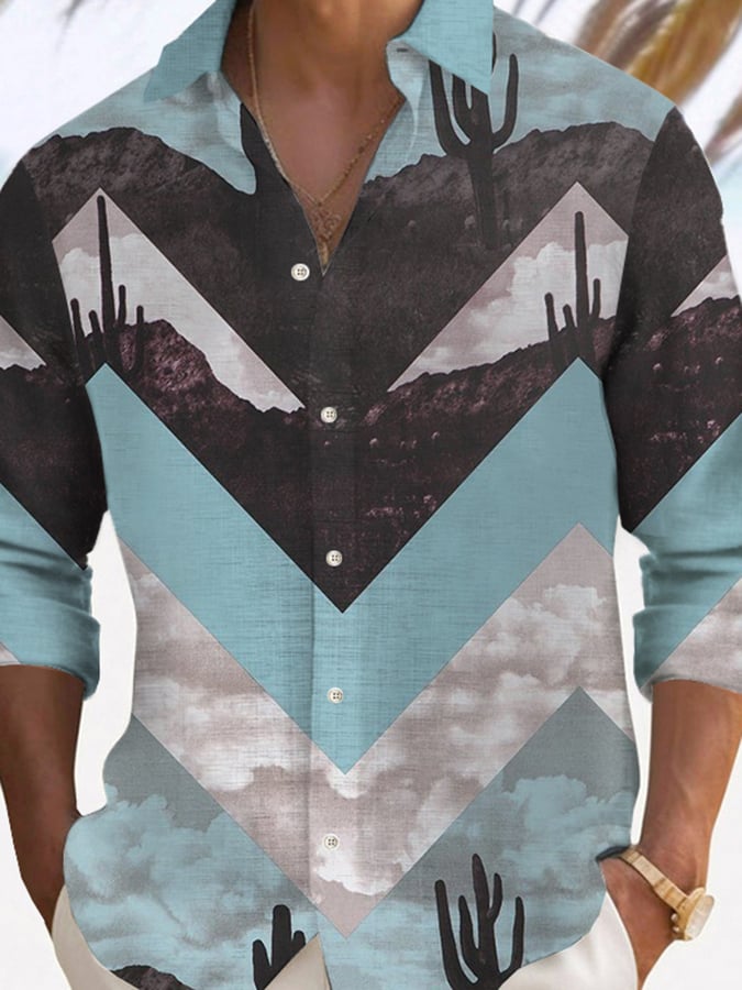 Abstract Western Print Men's Lapel Long Sleeve Shirt