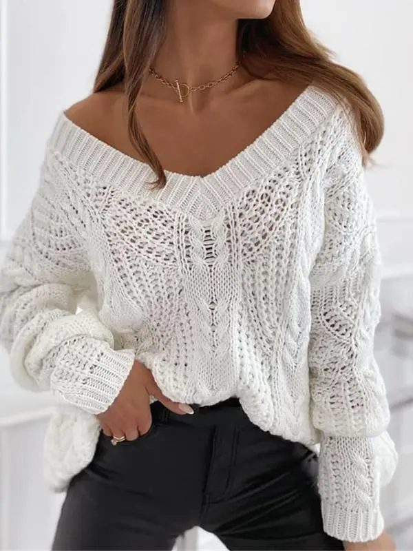 Women's Sweaters Solid V-Neck Hollow Pullover Long Sleeve Sweater