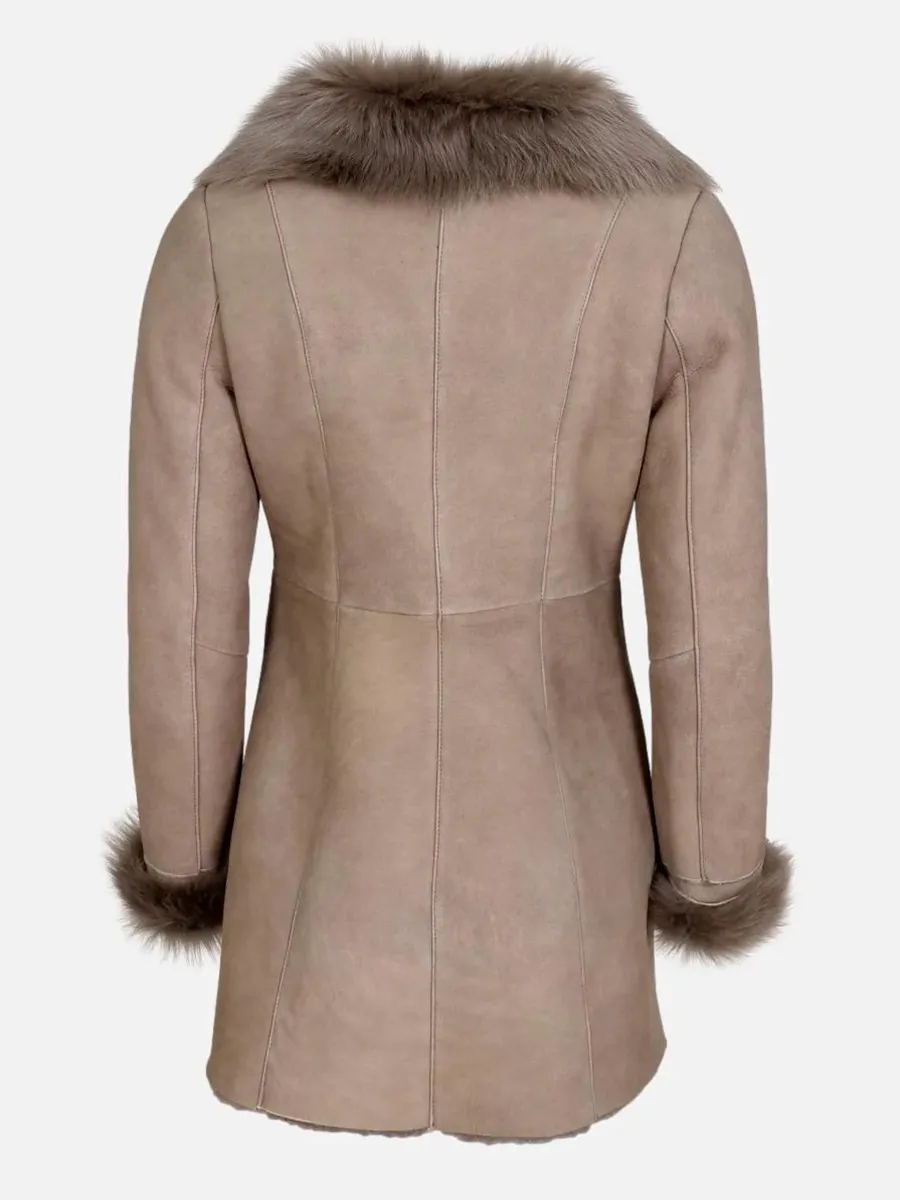 Suede Panel Fur Zipper Pocket Lambskin Mid length Coat