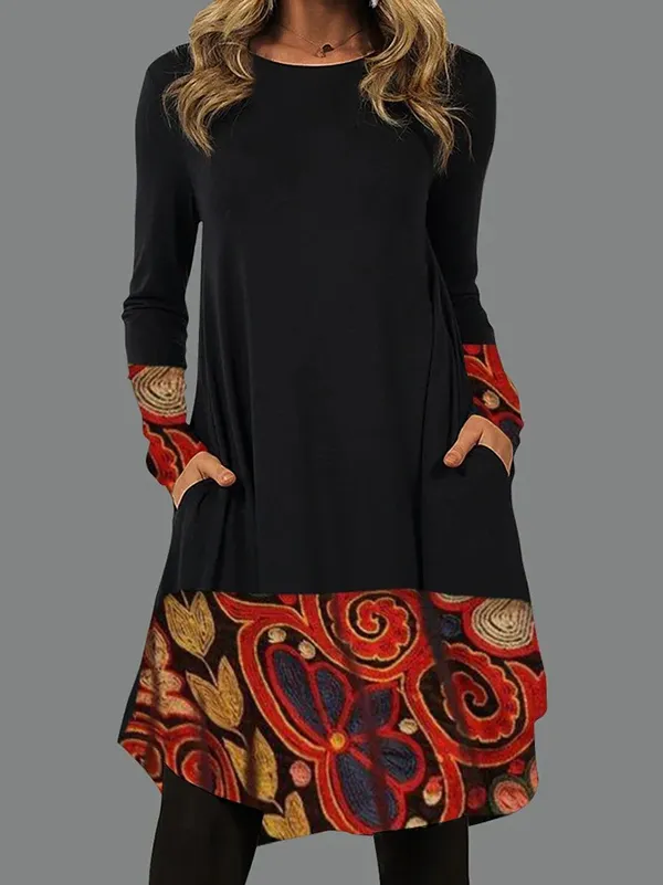 Casual Loose Long Sleeves Contrast Color Printed Round-Neck Mini Dresses