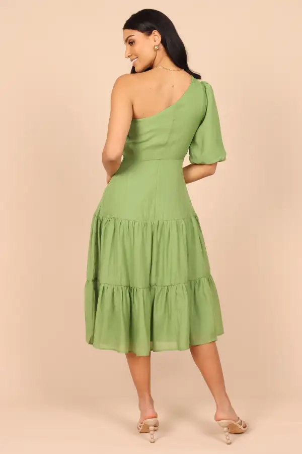 Milla One Shoulder Tiered Midi Dress - Green