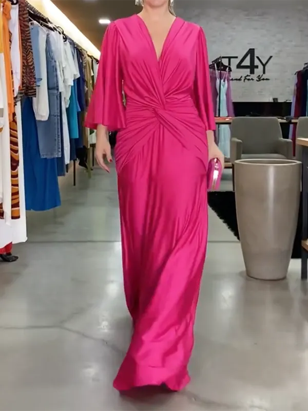 Pleated Solid Color Half Sleeves V-Neck Maxi Dresses