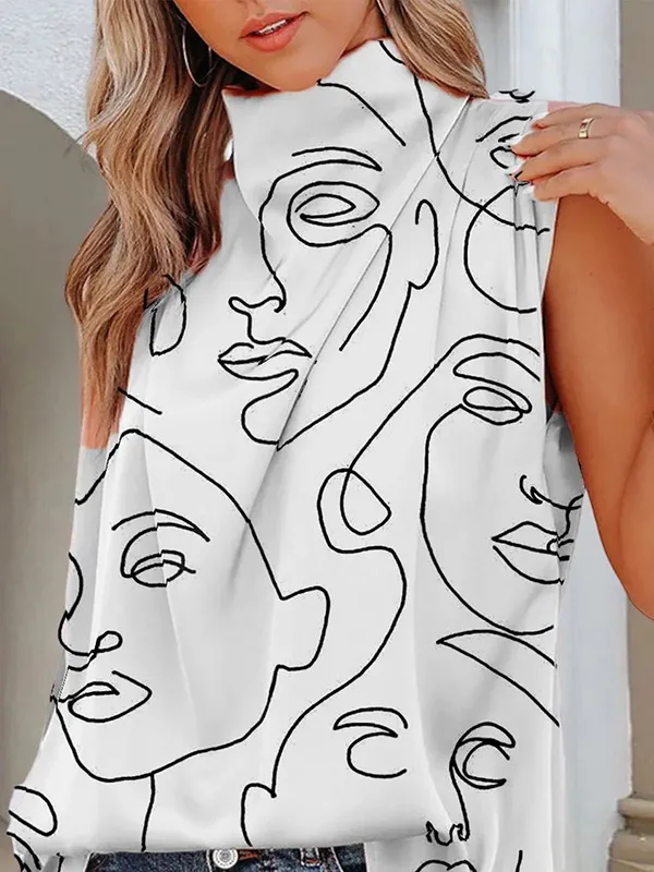 Casual Sleeveless Printed High-Neck Vest Top
