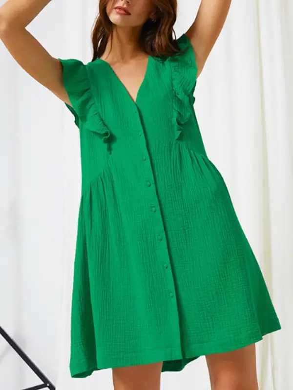 Women's Casual Cotton Linen Short-sleeved V-neck Dress