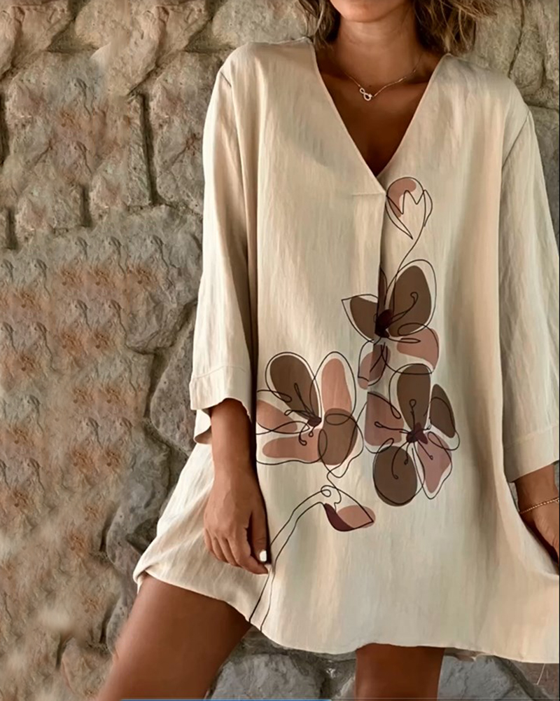 V-neck Cotton Linen Print Short-sleeved Dress