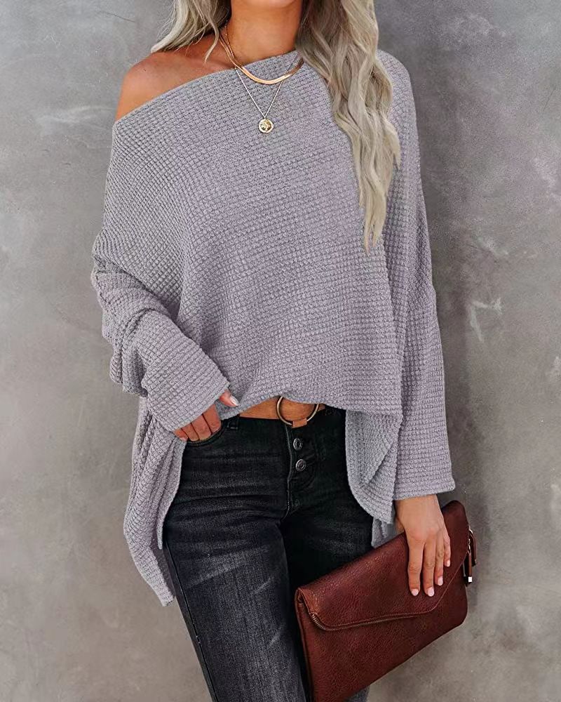 Casual Off-shoulder Long-sleeved Waffle-knit Oversized Pullover Sweater